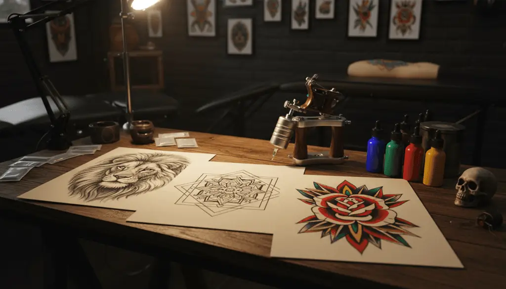 Varios tatuajes sobre la mesa de distinto estilo